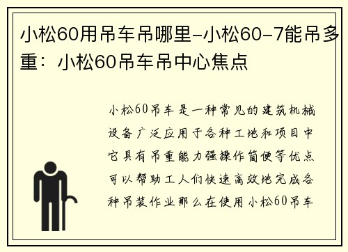 小松60用吊车吊哪里-小松60-7能吊多重：小松60吊车吊中心焦点