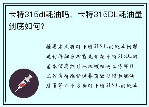 卡特315dl耗油吗、卡特315DL耗油量到底如何？